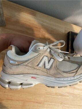 New Balance Beige and White Suede Mesh Sneakers